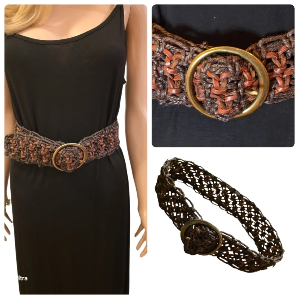 Vintage Woven Brown Macrame and Leather Wide Belt Gold Buckle Fits Up to 32